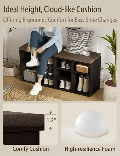 Miniatura 5 de DINZI LVJ Banco de almacenamiento de zapatos con cojín, zapatero con 12 cubículos, estantes ajustables, banco organizador de zapatos multifuncional
