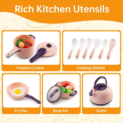 Miniatura 5 de 60 piezas de accesorios de cocina de juego para niños, juego de cocina de simulación con ollas y sartenes, vajilla y conjuntos de frutas y barbacoa