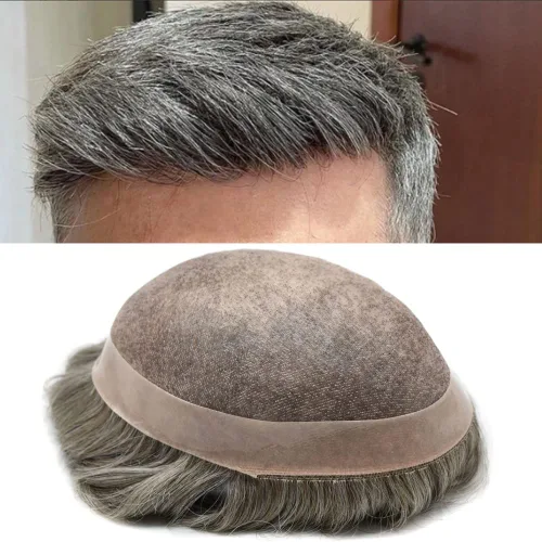 Miniatura 20 de Toupee - Sistema de reemplazo de cabello humano para hombre, encaje mono fino, tupé, piel de poliéster NPU alrededor de la pieza duradera