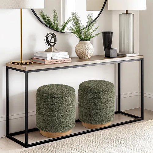 Miniatura 5 de Get Set Style Otomana redonda con almacenamiento, taburete otomano moderno Boucle tapizado con base de madera, silla de tocador, reposapiés, asiento