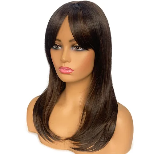 Miniatura 7 de Pelucas largas negras para mujer, pelucas negras con flequillo, peluca sintética de longitud al hombro en capas para fiestas diarias (20 pulgadas)