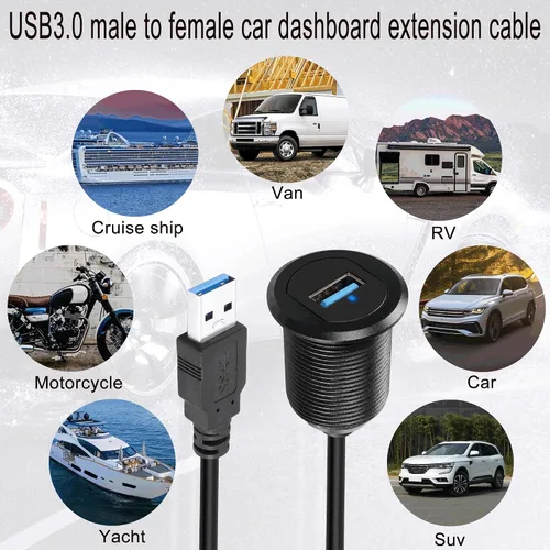 Miniatura 7 de QIANRENON Cable USB 3.0 de 5 Gbps a prueba de agua para automóvil, cable USB 3.0 hembra a macho para montaje en panel con luz LED, carcasa