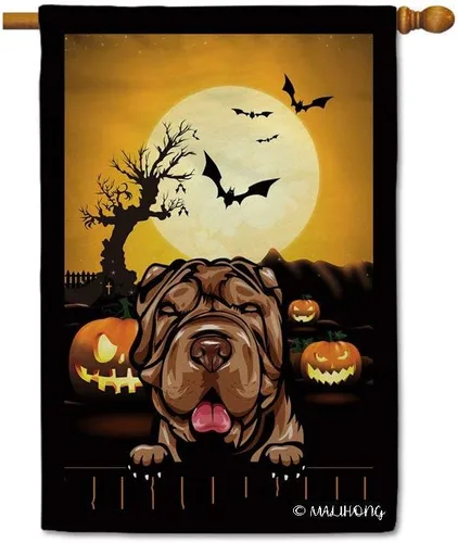 Miniatura 27 de Bandera de jardín de calabaza de Feliz Halloween Jack O'Lantern con perro Rhodesian Ridgeback Halloween Bat Boo Bandera decorativa para patio al
