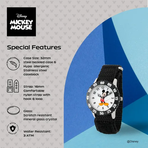 Miniatura 4 de Disney Mickey Mouse Reloj para niños con bisel de acero inoxidable, profesor de tiempo analógico, correa de nylon