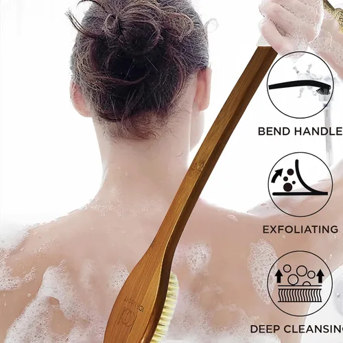 Miniatura 2 de ICANdOIT - Cepillo de baño de mango largo antideslizante de cerdas de jabalí natural de 17.71 pulgadas, limpiador de ducha con mango doblado