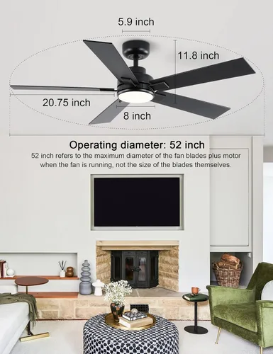 Miniatura 8 de Ventiladores de techo modernos con luces, ventilador de techo negro de 52 pulgadas para exteriores con luz y control remoto, motor CC reversible, 6