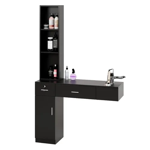 OmySalon Estaciones de peluquería de montaje en pared, estaciones de salón para estilistas, juego de equipos de peinado con un gabinete de Negro