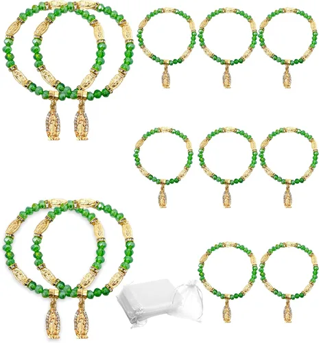 YRP Pulsera de Rosario de Guadalupe de cristal de 12 piezas de plata - Bautizo favor/Bautizo/Recuerdos de Bautizo/Quinceañera/Baby Shower Verde