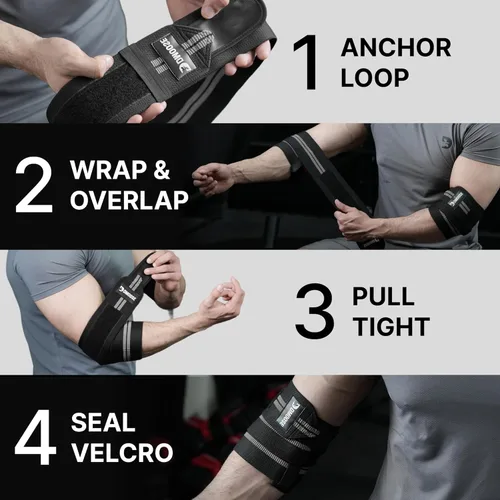 Miniatura 8 de DMoose Fitness Elbow Wraps for Weightlifting (Pair) - 40'' Adjustable Strap for Gym Workout & Bench Press, Compression Elbow Sleeves for Tendonitis