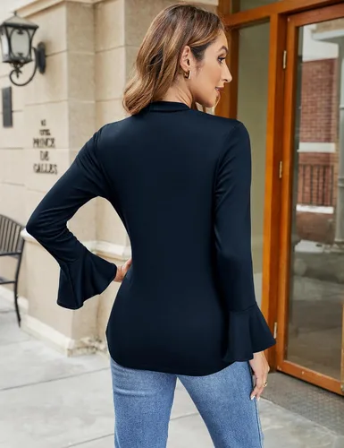 Miniatura 2 de Micoson Camisas de manga larga con cuello alto falso para mujer, manga acampanada, cuello de tortuga, blusas básicas de color sólido