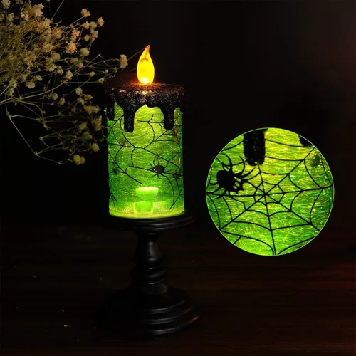 Miniatura 6 de Vela sin llama de Halloween, globo de nieve, funciona con pilas con temporizador de 6 horas, calcomanía de araña de luz verde, lámpara de tornado