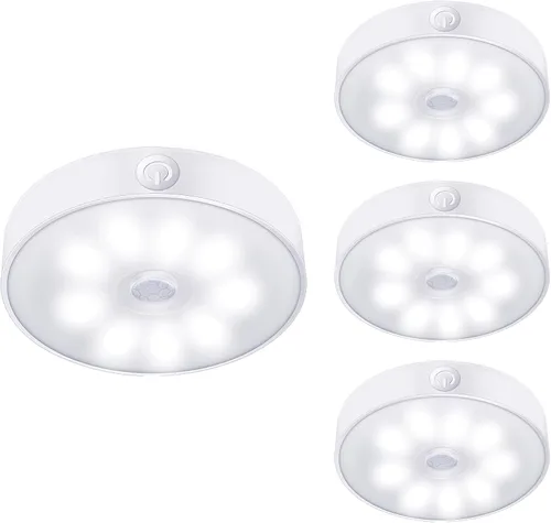 LAVAED Paquete de 4 luces de disco con sensor de movimiento para interiores, luces LED de armario, luces nocturnas recargables por USB, 9 LED, 6000