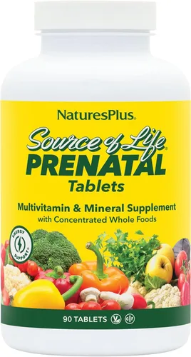 NaturesPlus Source of Life Prenatal - 90 tabletas - Suplemento multivitamínico y mineral con hierro - Apoyo nutricional para el embarazo - Sin