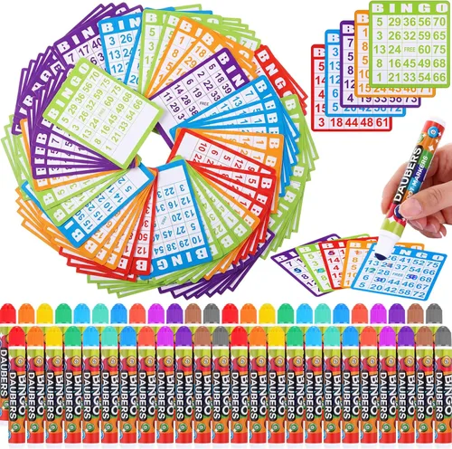 Miniatura 7 de Crtiin Juego de bingo de 148 piezas: incluye 100 tarjetas de bingo y 48 marcadores de puntos. Set de suministros con tarjetas de llamada para grupos