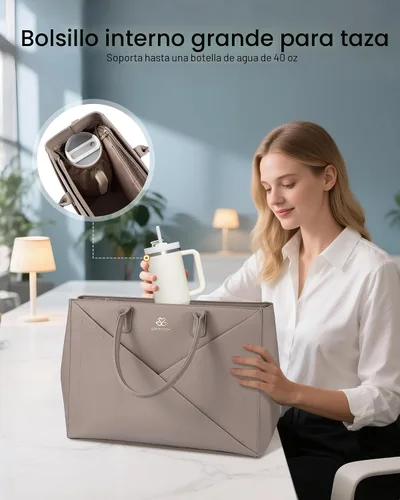 Miniatura 4 de LOVEVOOK Bolsa de mano para laptop para mujeres con gran portavasos, de 15.6 pulgadas, de cuero PU, bolsa de trabajo, bolsa de mano para maestra