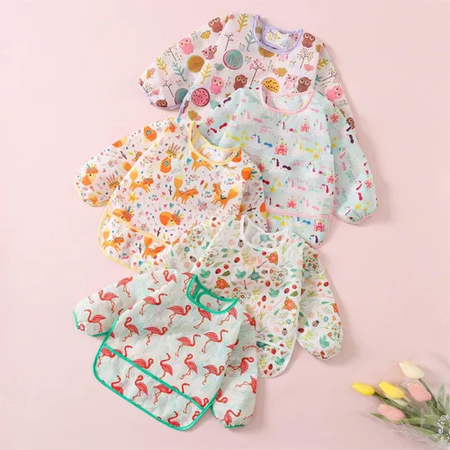 Miniatura 2 de Paquete de 5 baberos de manga larga, baberos impermeables para bebés de 6 a 30 meses, reutilizables, con bolsillo para todo