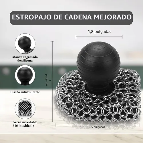 Miniatura 4 de Esponja de limpieza de hierro fundido con raspador de sartenes, esponja de cadena 316, esponja de malla de cadena mejorada, limpiador de hierro Negro