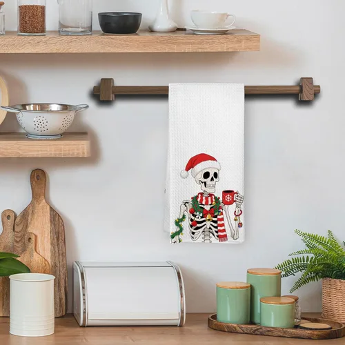 Miniatura 2 de Divertidas toallas de cocina de esqueleto navideño, toallas de mano góticas de Navidad para decoración de baño, rústico, retro, espeluznante