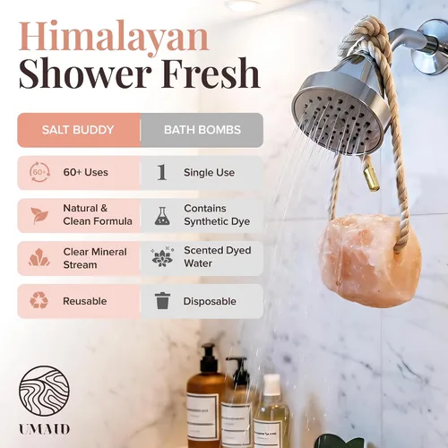 Miniatura 7 de UMAID Roca de sal rosa del Himalaya para ducha y baño - Salt Buddy™ Piedra mineral colgante de 2 libras para relajación inspirada en el spa, cuidado