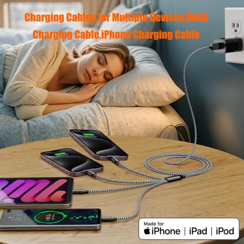 Miniatura 3 de Doub Tyep-C 4 en 1 cable de carga múltiple de 4 pies, cable de carga de nailon trenzado Lightning para iPhone, cable de carga universal con tipo C