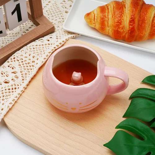 Miniatura 4 de Taza de gato Koolkatkoo Lindas tazas de café de cerámica Tazas de té novedosas con animal 3D oculto en la taza para mujeres Niñas Regalos para Rosa