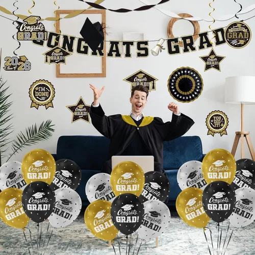 Miniatura 8 de Juego de decoraciones de graduación 2026 con temática negra y dorada, pancarta de felicitaciones, telón de fondo, globos y serpentinas, suministros