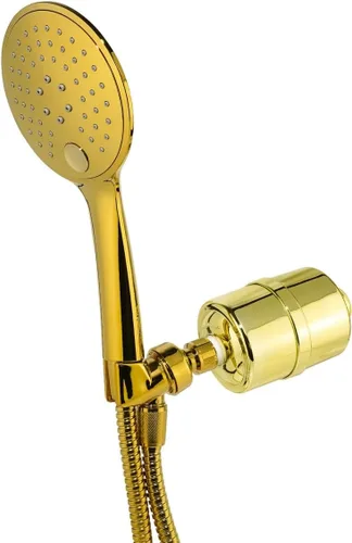 Crystal Quest Sistema de filtración de energía de ducha de mano de lujo, dorado, sin BPA, 1.25-2.5 GPM, cartucho reversible, ideal para decloración