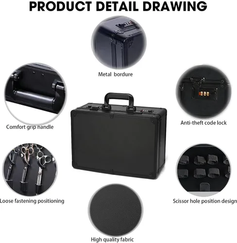 Miniatura 3 de Estuche de peluquero portátil para cortapelos y suministros, doble capa grande, herramientas de viaje, caja organizadora, kit de peluquería Negro