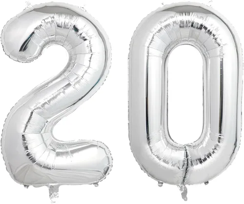 Globos de fiesta plateados con el número 20, globo gigante del número 20, globo grande de 40 pulgadas para decoraciones de cumpleaños de 20 años,