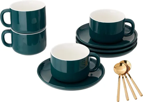 Miniatura 8 de Juego de 4 tazas de capuchino de 8 onzas, tazas de té con platillos y cucharas, tazas de té de cerámica negra, tazas de café para té, capuchino