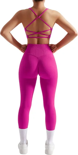 OMKAGI Conjunto de entrenamiento acanalado para mujer, sin costuras, brasier deportivo con tiras y levantamiento de glúteos