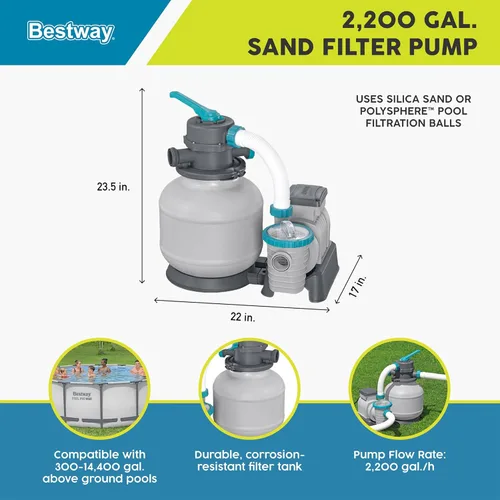 Miniatura 4 de Bestway Bomba de piscina con filtro de arena de 2,200 galones para piscinas sobre el suelo de hasta 14,400 galones con cesta coladora de prefiltro