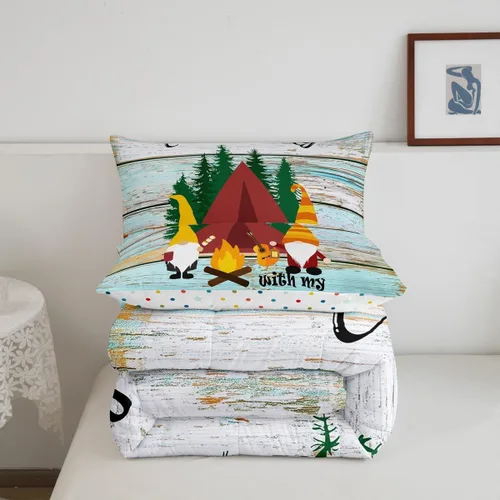 Miniatura 7 de Juego de ropa de cama de campamento para niños, tamaño individual, juego de edredón de gnomos kawaii para niños y niñas, edredón vintage de madera