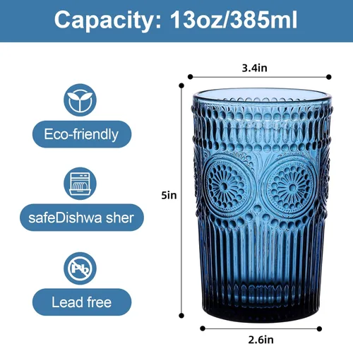 Miniatura 2 de ZMOWIPDL Juego de 6 vasos de cristal vintage para beber, 13 onzas, diseño de flores texturizadas azules, vasos de agua con rayas en relieve
