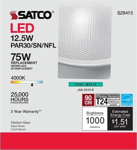 Miniatura 7 de Satco S29413 PAR30 - Bombillas reflectoras LED de cuello corto de 12.5 W, 4000 K blanco frío, 1000 lúmenes, 25 haz, 90 CRI, regulable, ubicación