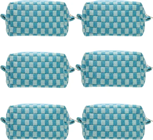Miniatura 26 de PAZIMIIK Bolsa de Maquillaje a Cuadros para Bolso Portátil con Cremallera, Estuche Pequeño de Cosméticos para Accesorios de Viaje, Azul Ártico