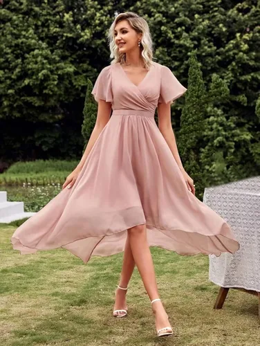 Miniatura 5 de UZN Vestidos de dama de honor para mujer, cuello en V, manga corta, vestido formal de fiesta
