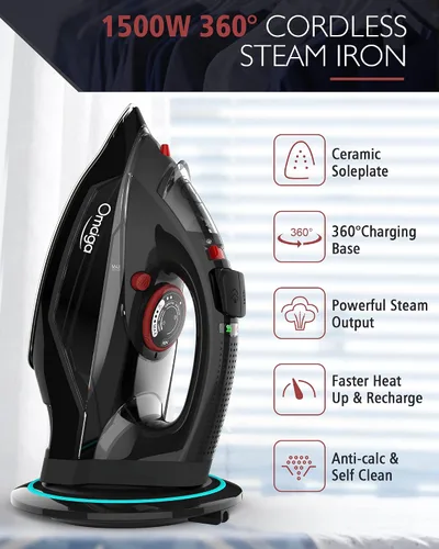 Miniatura 2 de OMAIGA Plancha inalámbrica para ropa, plancha de vapor de 1500 W con suela de cerámica antiadherente, apagado automático, autolimpieza, ráfaga