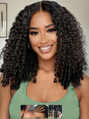 Miniatura 37 de KLAIYI Bye Bye Slip™ - Pelucas de cabello humano con encaje frontal 7x5, color marrón castaño degradado, rizado, sin pegamento, precortadas de 7 x