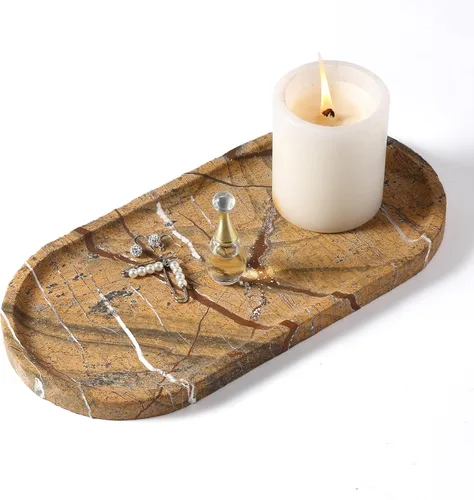 Koville Bandeja decorativa de mármol natural indio, 12 x 6 pulgadas, organizador de encimera, catchall para perfumes, velas, joyas