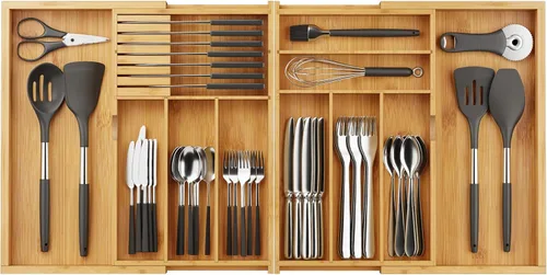 Miniatura 8 de BAMEOS Organizadores de cajones de bambú para cubiertos, organizador de cajones de utensilios de 11.9 pulgadas para cajones de cocina, organizador
