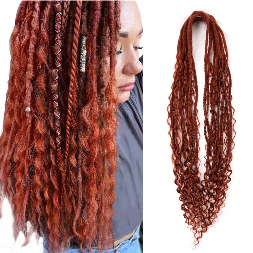 Boho Dreads - Extensiones de rastas sintéticas de doble extremo con trenzas de caja, de 24 pulgadas, 10 hebras delgadas, suaves, color rojo y marrón