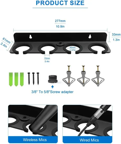Miniatura 7 de Soporte de micrófono múltiple para micrófonos con cable e inalámbricos, soporta hasta 4 micrófonos, organizador de micrófono múltiple para soporte