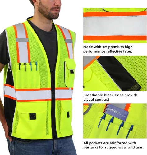 Miniatura 2 de Dib Safety - Chaleco reflectante amarillo de malla, chaleco de alta visibilidad con bolsillos y cremallera, ANSI clase 2 de servicio pesado, hecho
