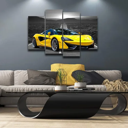 Miniatura 3 de Póster de pared en blanco y negro, 4 piezas de automóvil deportivo amarillo grande, lienzo para habitación de niños, dormitorio, sala de estar