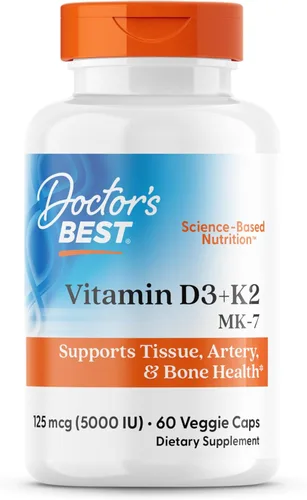 Doctor's Best Suplemento de vitamina D3 y K2 para hombres y mujeres – Vitamina D3 5000 UI + K2 como MK-7, apoyo a la salud ósea, sin gluten, sin
