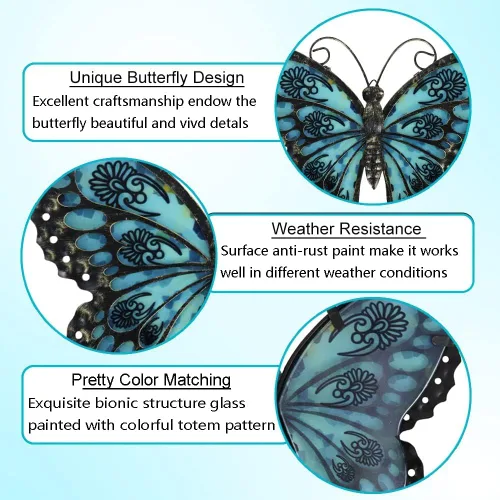 Miniatura 4 de LIFFY Decoración de pared de mariposa de metal, esculturas artísticas de pared de vidrio para exteriores, 12 pulgadas, decoración de jardín colgante