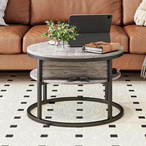 Miniatura 5 de Mesa de centro redonda con almacenamiento, mesa de centro elevable para sala de estar, sala de recepción, mesa redonda pequeña de 2 niveles, centro