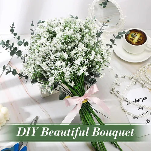Miniatura 3 de Retrowavy 80 piezas de flores artificiales de aliento de bebé, flores de aliento de bebé, ramos de gypsophila con tallos de eucalipto sintético