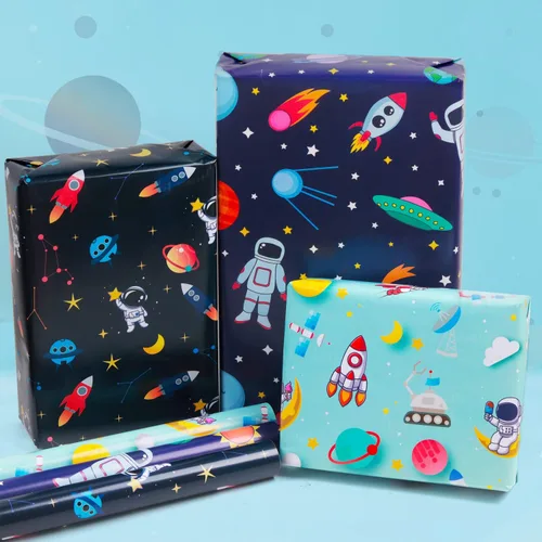 Miniatura 3 de Papel de regalo de cumpleaños para niños, niñas, niños, mujeres y hombres, papel de regalo con diseño de espacio exterior, 3 diseños, 9 hojas